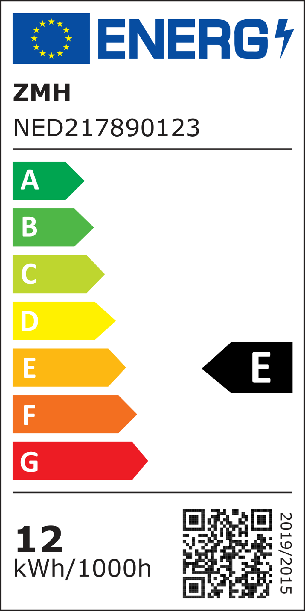Energielabel mit Energieeffizienzklasse E, farbigen Pfeilen A bis G. Enthält einen QR-Code und weitere Daten.