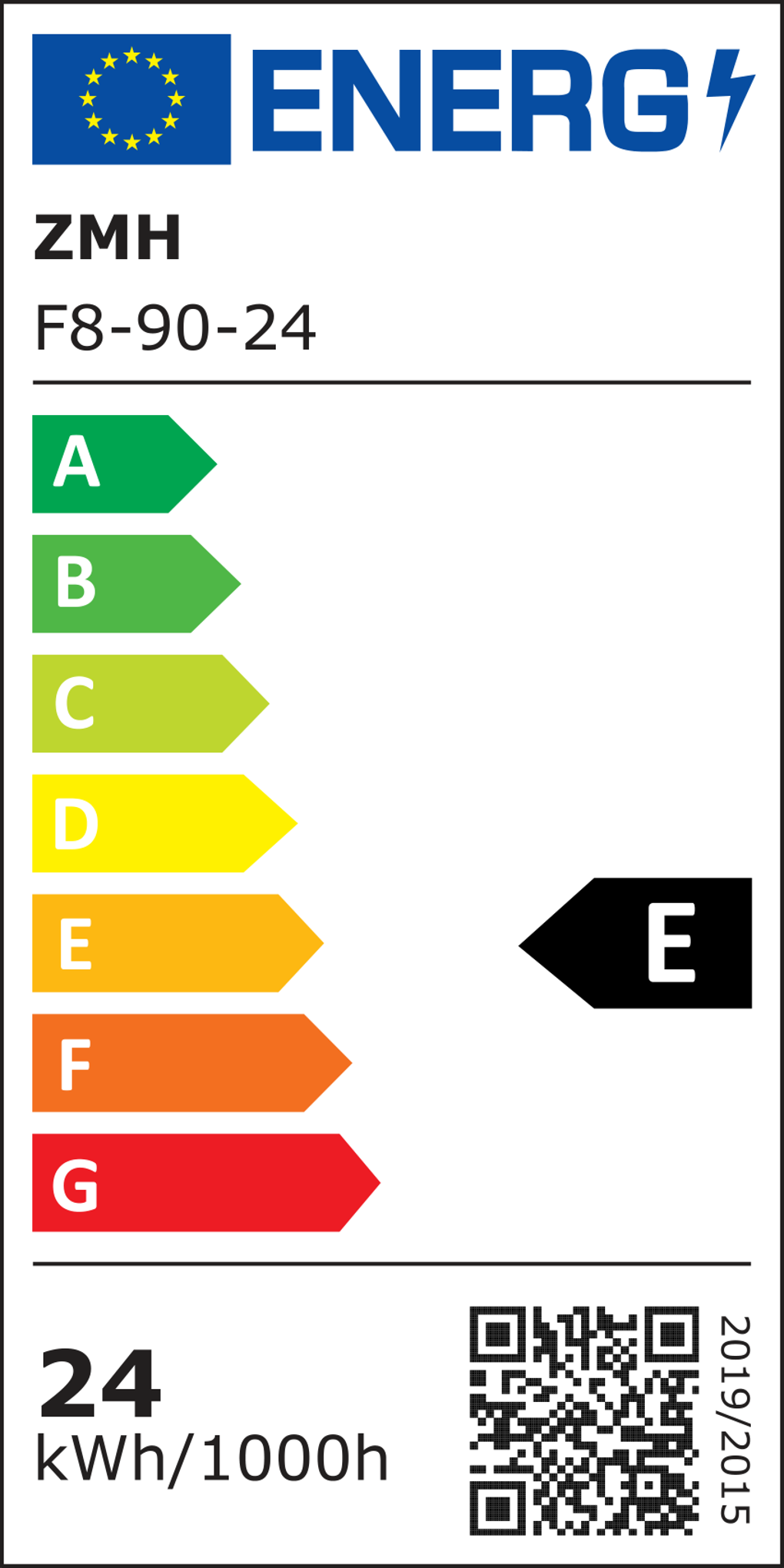 Energielabel mit Energieeffizienzklasse. Es hat eine Europaflagge, das Wort ENERG und die Bewertung ist E.