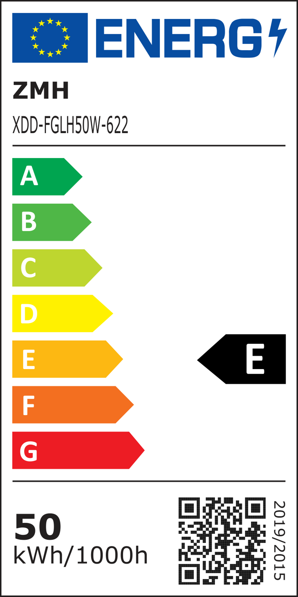 Energielabel mit EU-Logo. Zeigt eine Energieeffizienzklasse E. Enthält Pfeile von A (grün) bis G (rot) und '50 kWh/1000h'.