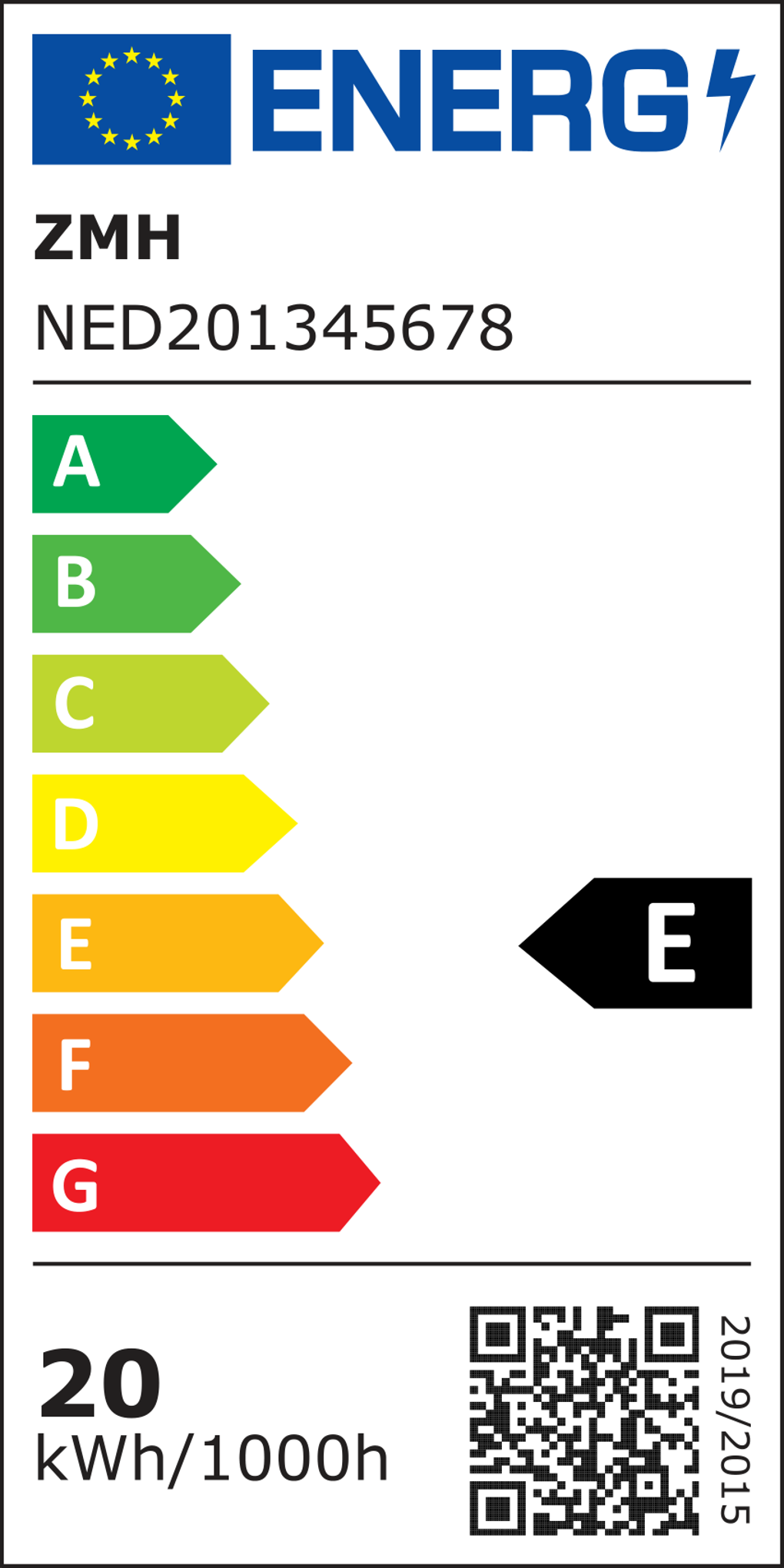 Energielabel mit EU-Flagge, Markennamen und Energieeffizienzklassen A bis G. Das Produkt ist mit E bewertet. Zeigt 20 kWh/1000h.