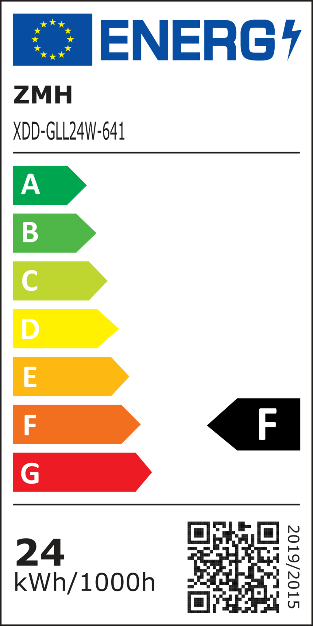 Energielabel mit Pfeilen A-G, EU-Flagge, ZMH, XDD-GLL24W-641, 24 kWh/1000h, Effizienzklasse F und QR-Code.