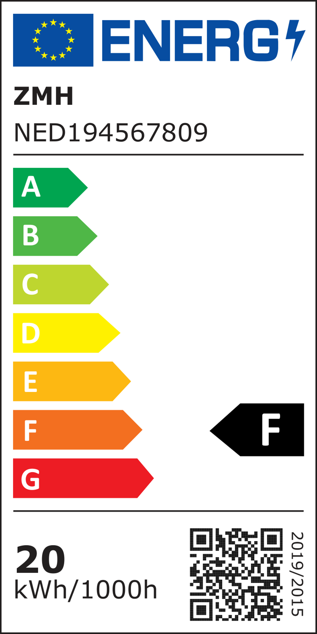 Energielabel für ein Produkt. Zeigt Energieeffizienzklassen, einen QR-Code und Details zum Energieverbrauch.