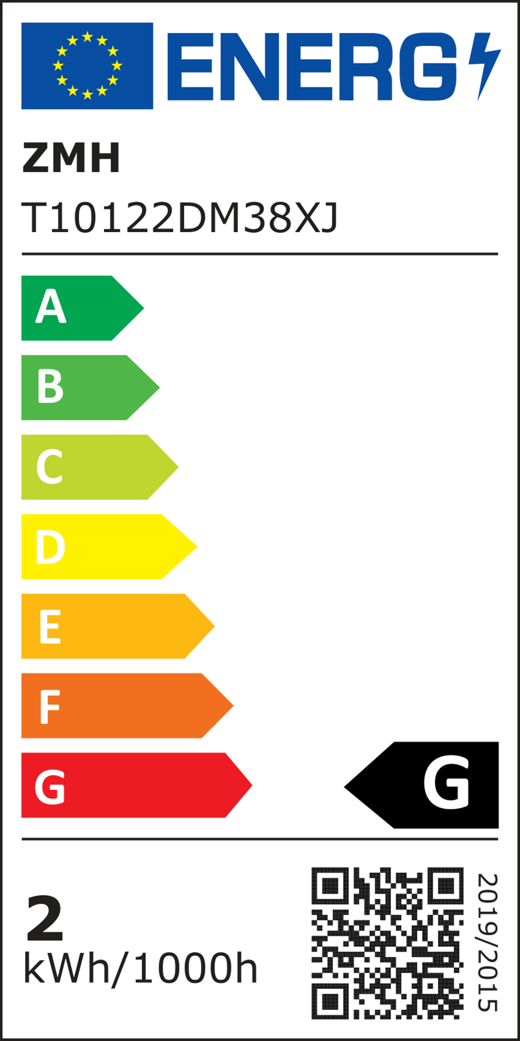 Energielabel mit Bewertungen von A bis G. Das Etikett hat die EU-Flagge, Markennamen, Produktdetails und Energieverbrauch.