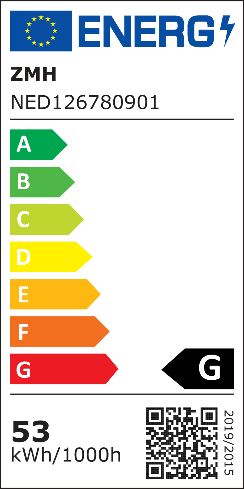 Energielabel mit Energieeffizienzklassen A bis G. Es enthält 'ZMH', 'NED126780901', '53 kWh/1000h' und einen QR-Code.