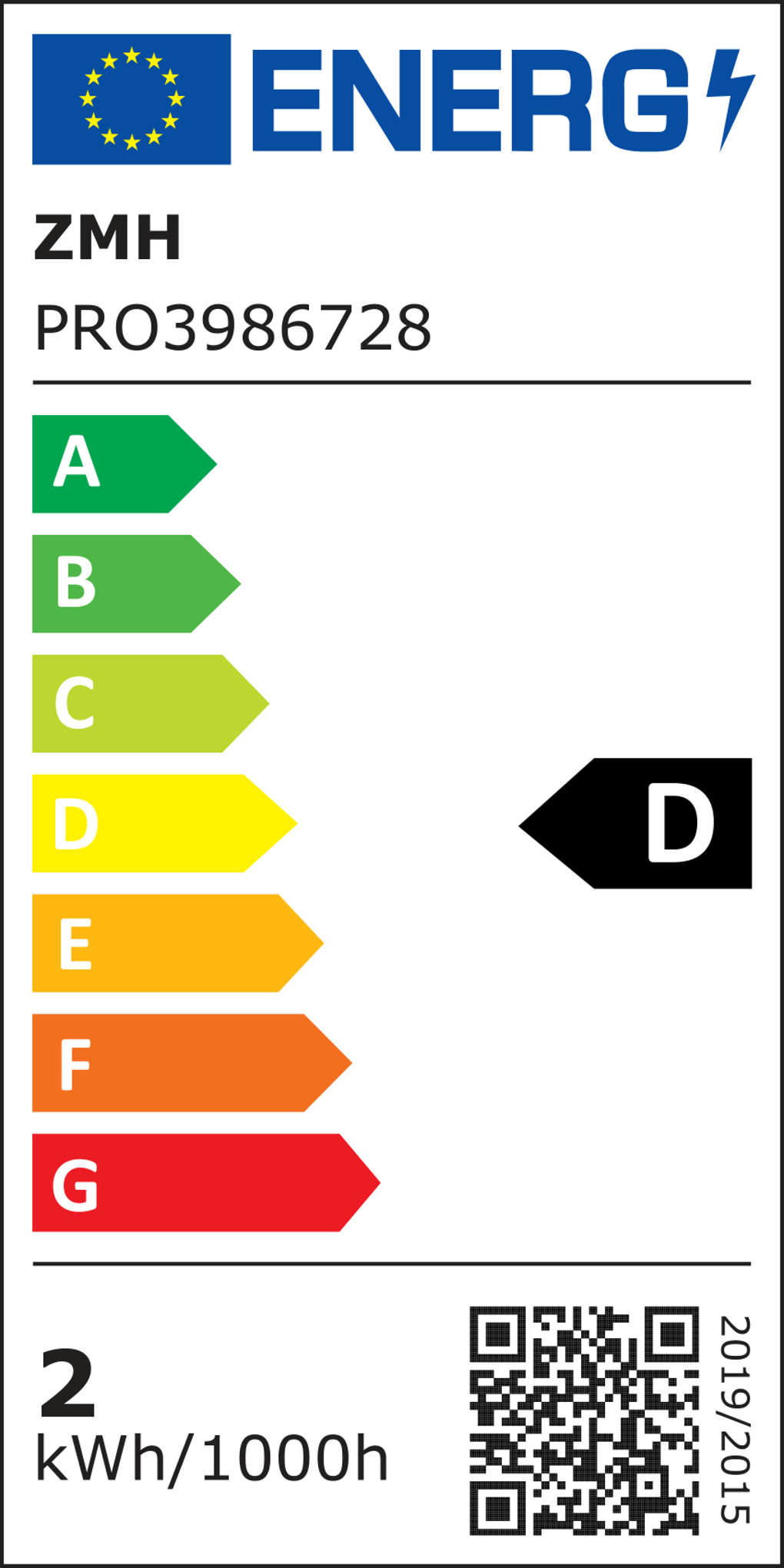 Energielabel mit EU-Logo, Bewertungen von A bis G und Energieeffizienzklasse D. Zeigt '2 kWh/1000h'.