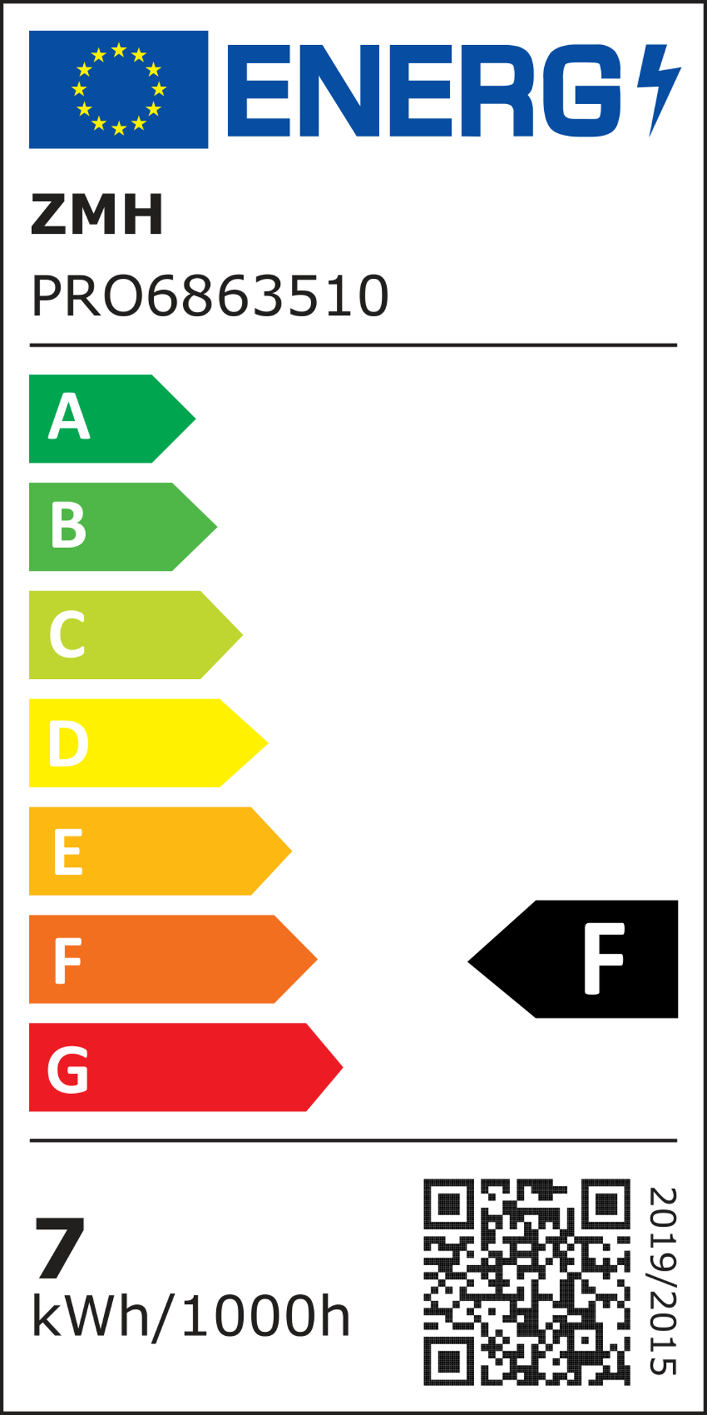 Energielabel mit EU-Flagge, Text 'ENERGIE', Produktdetails, Energieeffizienzklassen A bis G und QR-Code mit '2019/2015'.
