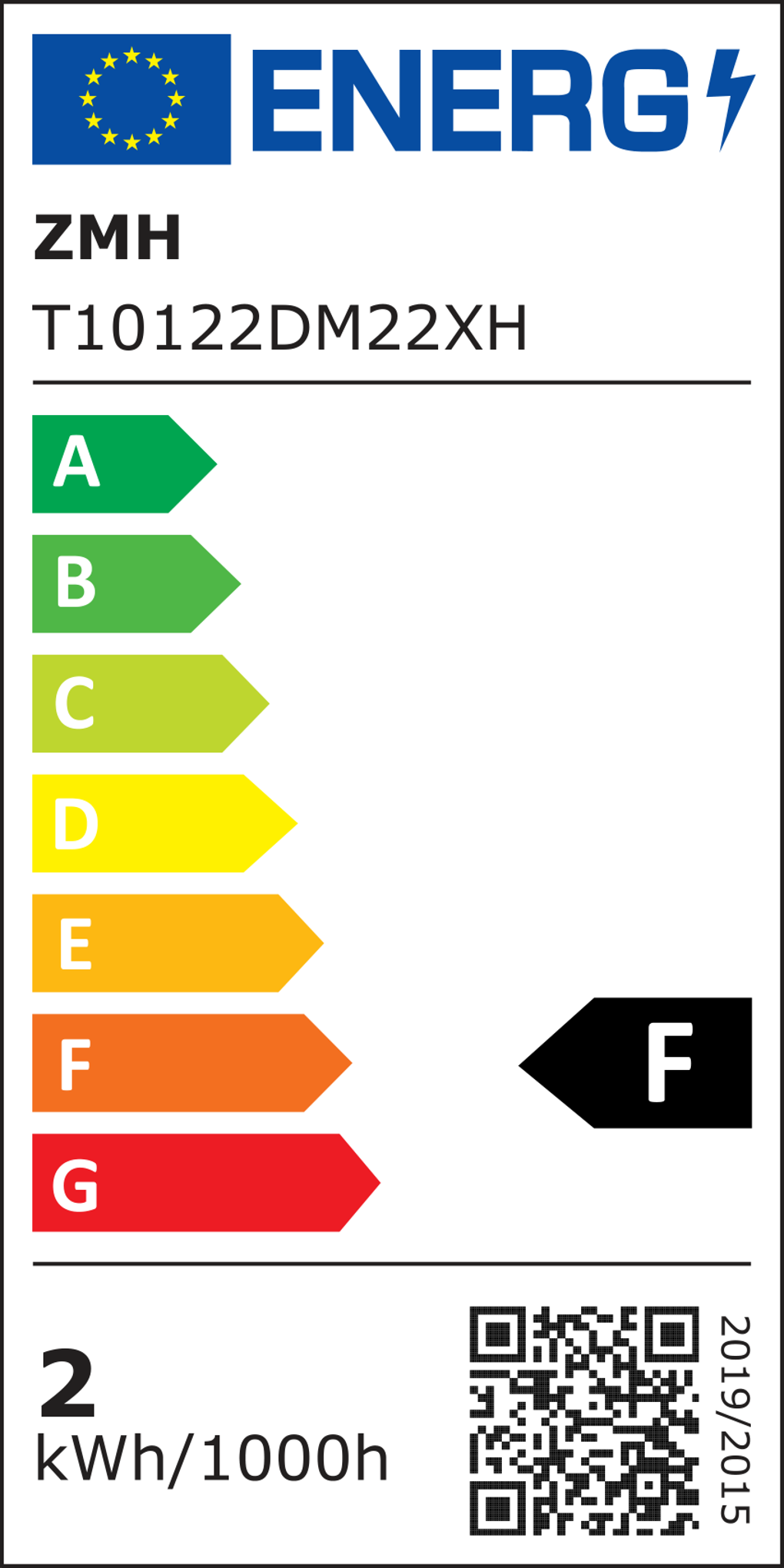 Energielabel mit EU-Flagge, Bewertung von A bis G, das Produkt ist mit F bewertet. Das Etikett zeigt auch den Energieverbrauch.