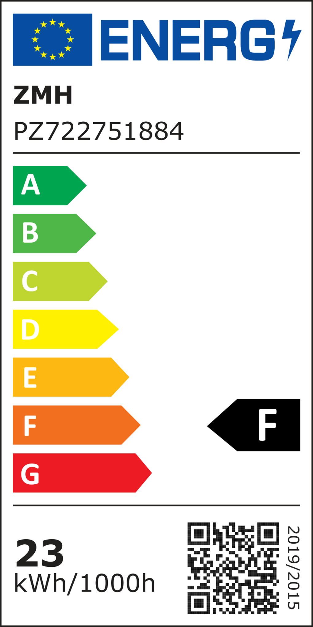 Energielabel mit EU-Flagge, Markenname, Modellnummer, Energieeffizienzskala von A bis G und Energieverbrauch.