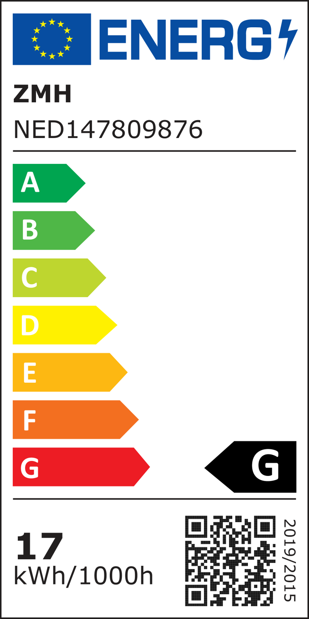 Energielabel mit EU-Flagge, Markennamen, Produktcode und Energieeffizienzklassen von A bis G. Zeigt die Bewertung 'G'.