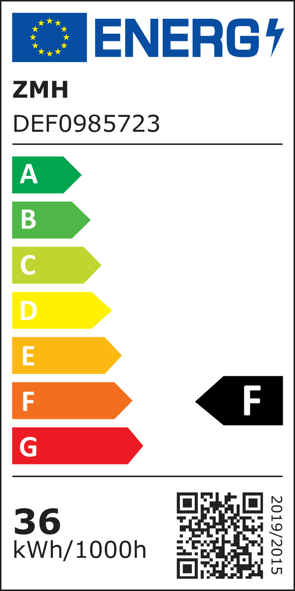 Energielabel mit EU-Logo, Bewertungen von A (grün) bis G (rot) und einem QR-Code. Es zeigt den Energieverbrauch.