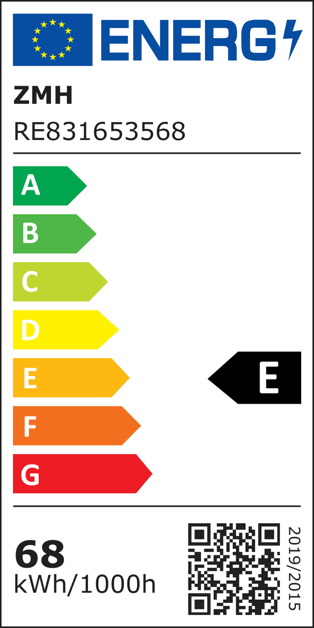Energielabel mit Energieeffizienzklasse E, Pfeile von A bis G. Enthält einen QR-Code und Details zum Energieverbrauch.