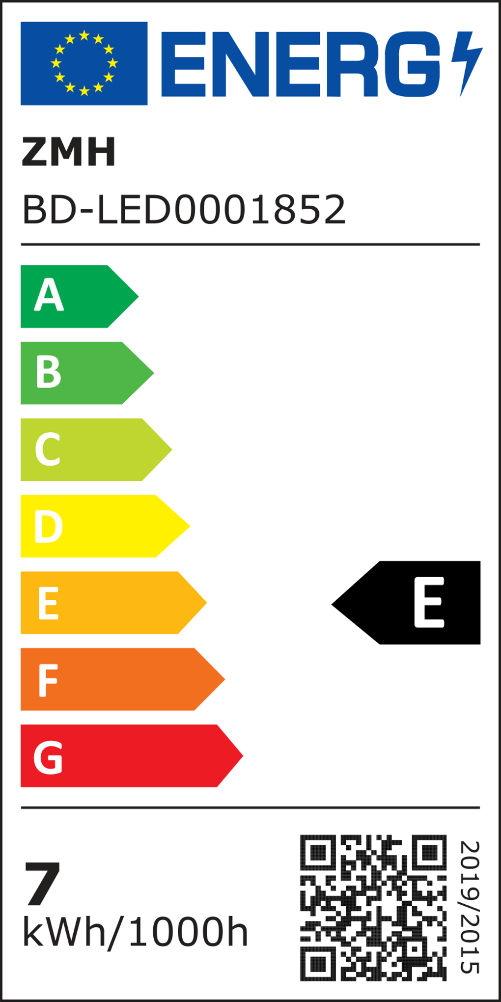 Energielabel mit EU-Flagge, Markenname, Modellnummer und Energieeffizienzklasse 'E'.