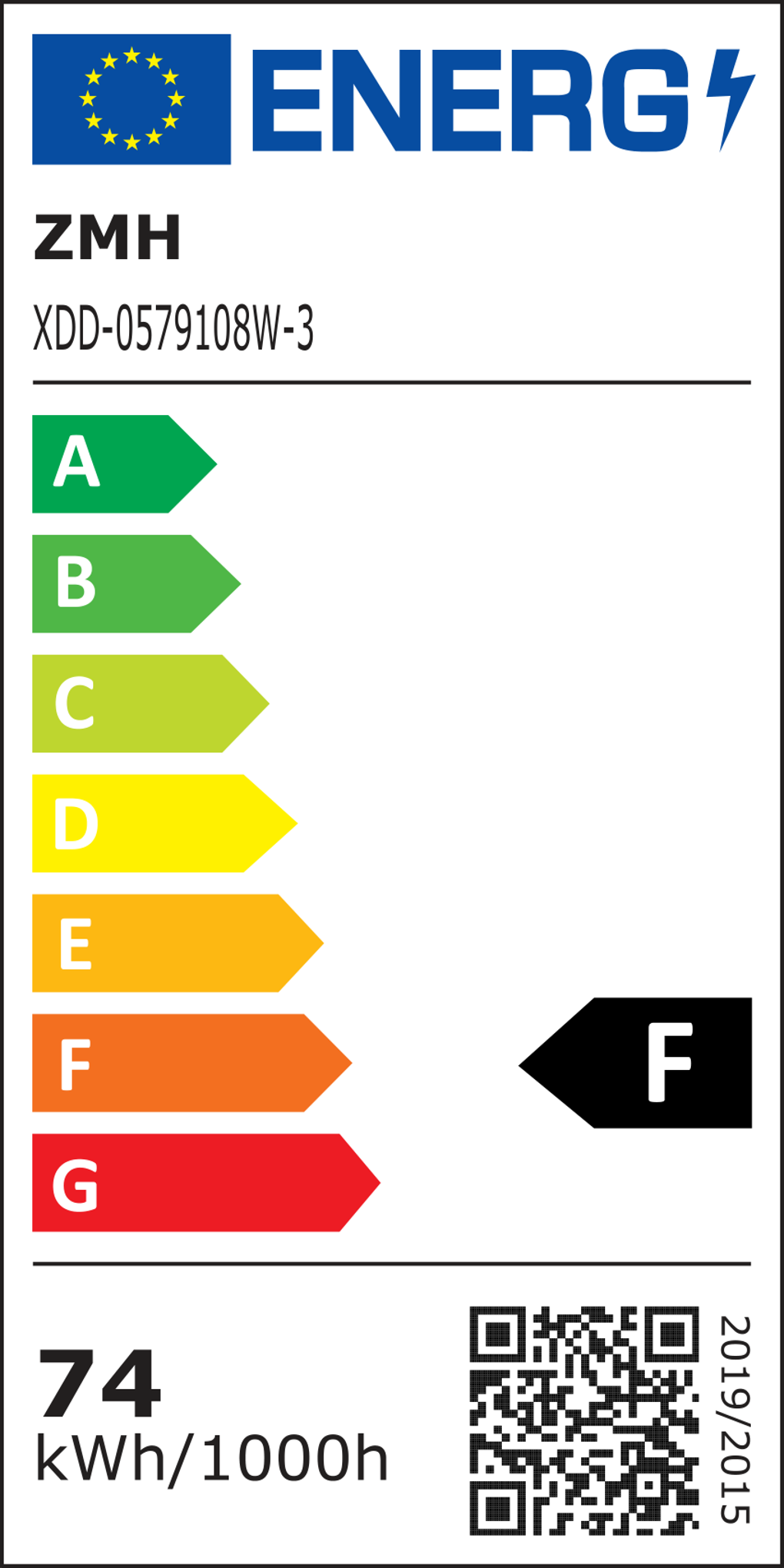 Energielabel mit Energieeffizienzbewertung. Es hat eine Europafahne, das Wort ENERG und eine Skala von A bis G, wobei F hervorgehoben ist.