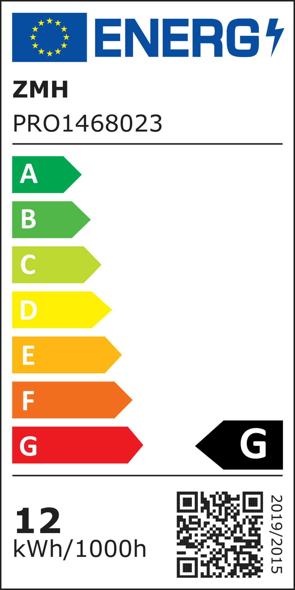 Energielabel mit EU-Flagge, Markenname, Produktcode und Energieeffizienzklassen A-G. Das Produkt ist mit G bewertet.