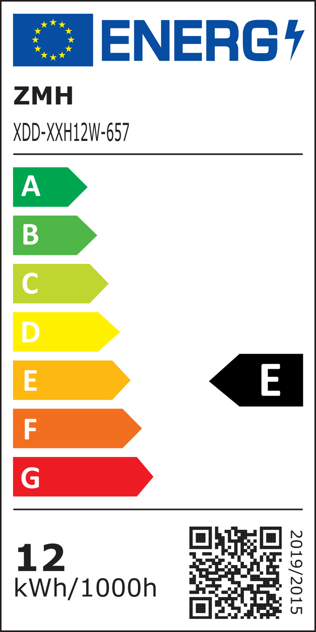 Energielabel für eine Lampe. Hat eine A-bis-G-Skala, E hervorgehoben. Zeigt Marke und Modell mit Energieverbrauch.