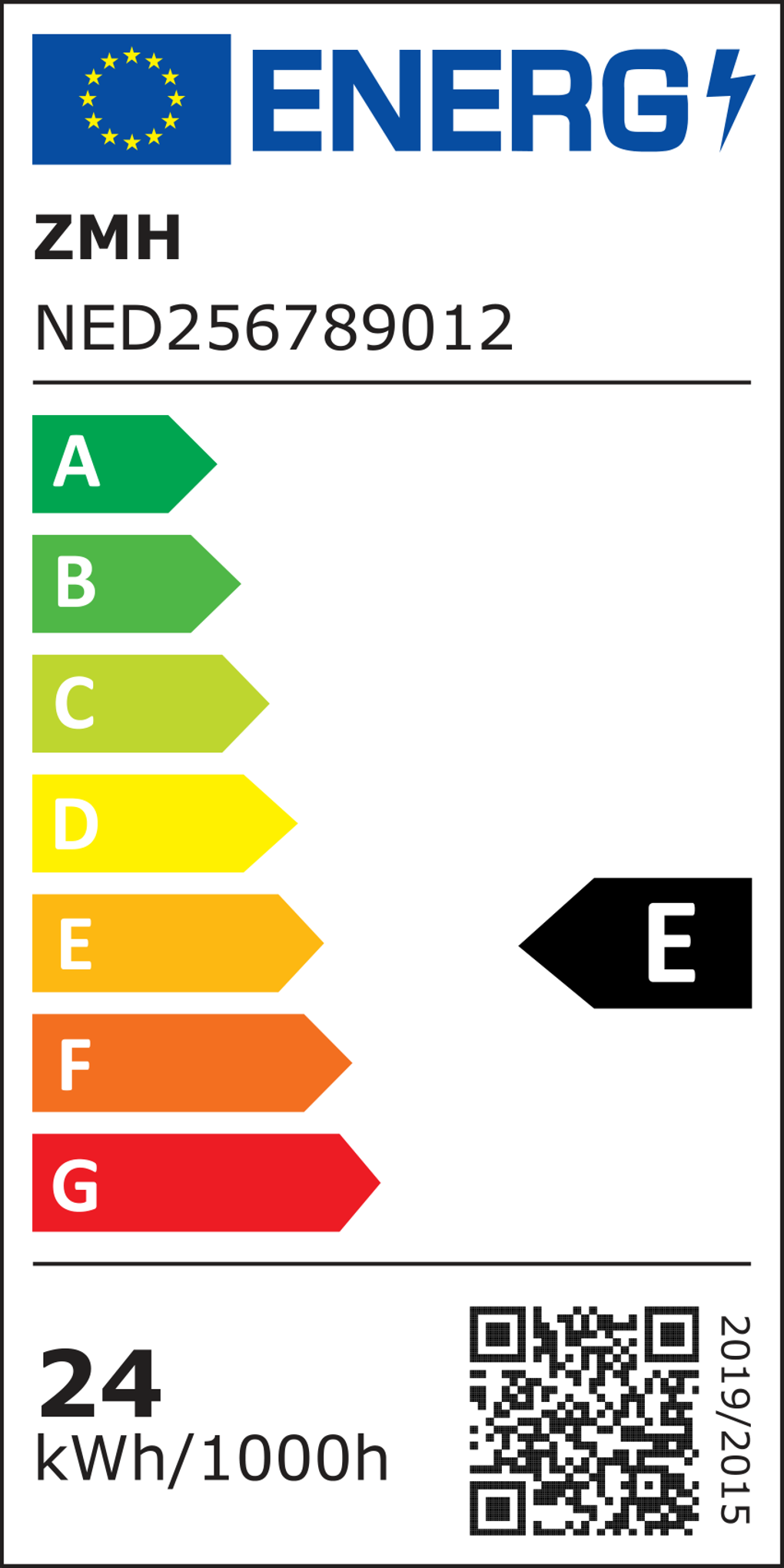 Energielabel mit EU-Logo und 'ENERG'. Zeigt Energieeffizienzklassen von A bis G, wobei 'E' hervorgehoben ist. Enthält einen QR-Code.