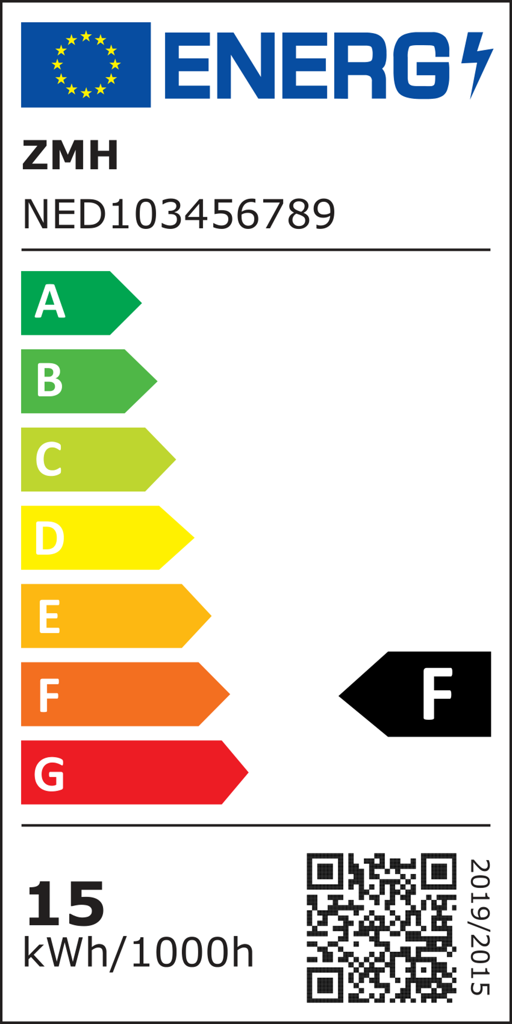 Energielabel mit Noten A bis G, das Produkt ist in der Note F. Enthält einen QR-Code, 'ZMH' und 'NED103456789'.