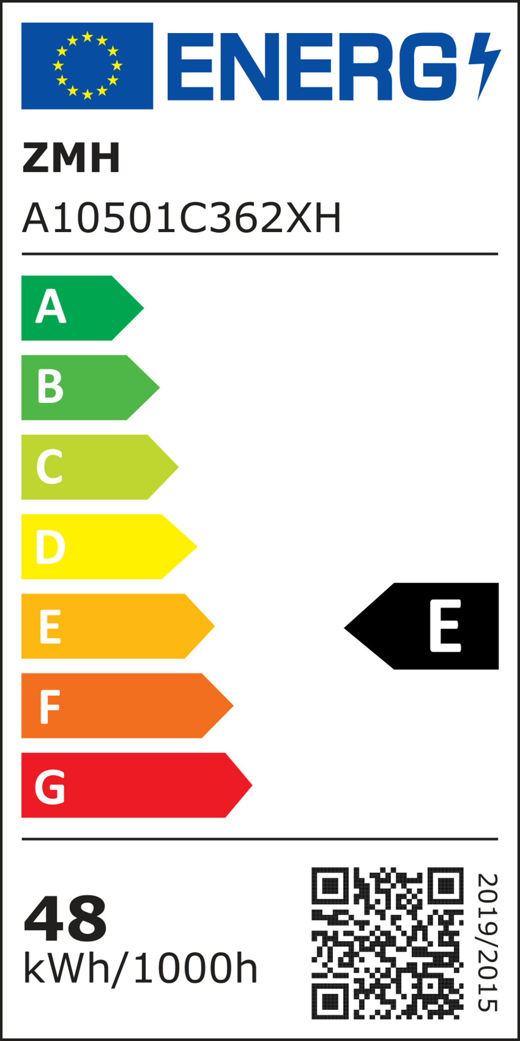 Energielabel mit der Bewertung 'E'. Es hat eine europäische Flagge, das Wort 'ENERG' und Produktspezifikationen sowie einen QR-Code.