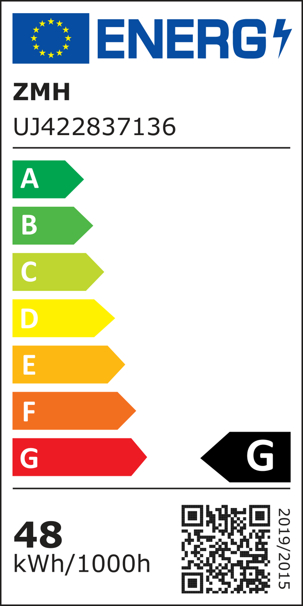 Energielabel mit EU-Flagge, Markenname, Modellnummer und Energieeffizienzklassen von A bis G. Es zeigt 48 kWh/1000h.