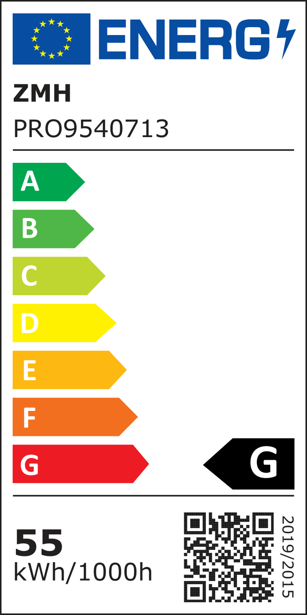 Energielabel mit EU-Logo, Bewertungen von A bis G und Angaben zum Energieverbrauch. Enthält einen QR-Code und das Jahr 2019/2015.