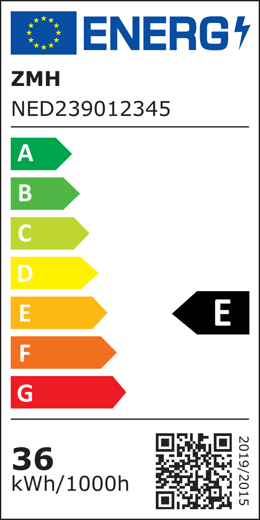 Energielabel mit der Energieeffizienzbewertung eines Produkts. Die Bewertung ist E. Enthält Text und einen QR-Code.