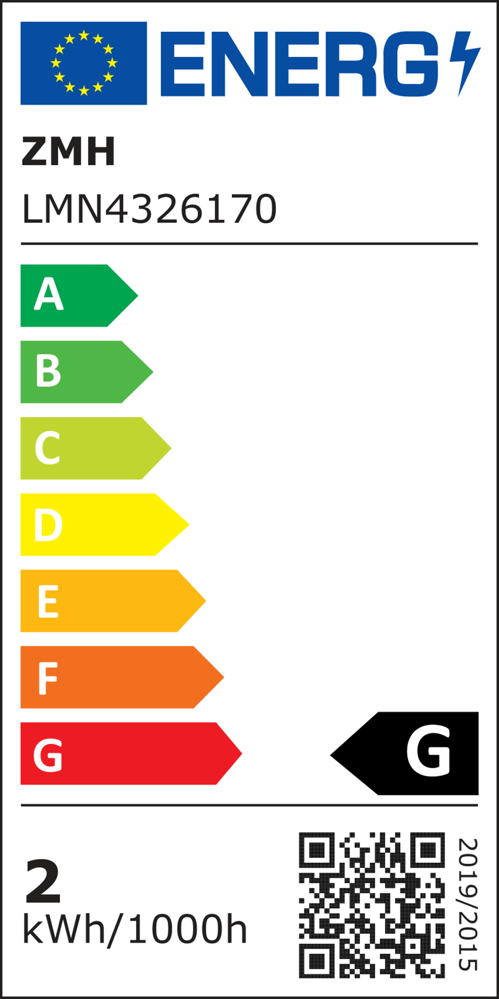 Energielabel mit der Energieeffizienz. Es hat eine Skala von A bis G, wobei G am wenigsten effizient ist.
