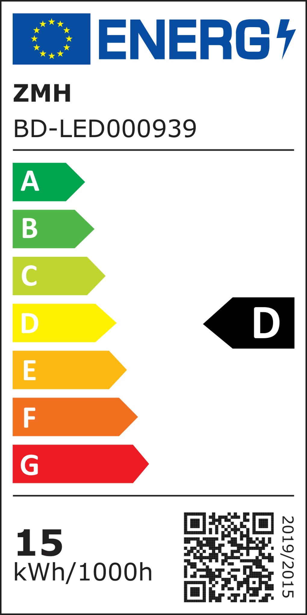 Energielabel für eine Glühbirne. Zeigt Energieeffizienzklassen von A bis G, wobei D hervorgehoben ist. Zeigt den Energieverbrauch.