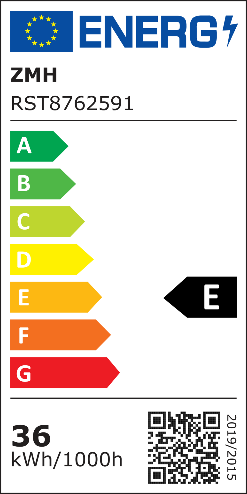 Energielabel mit Energieeffizienzbewertung. Es hat eine Skala von A (grün) bis G (rot), mit einem großen E. Enthält QR-Code.