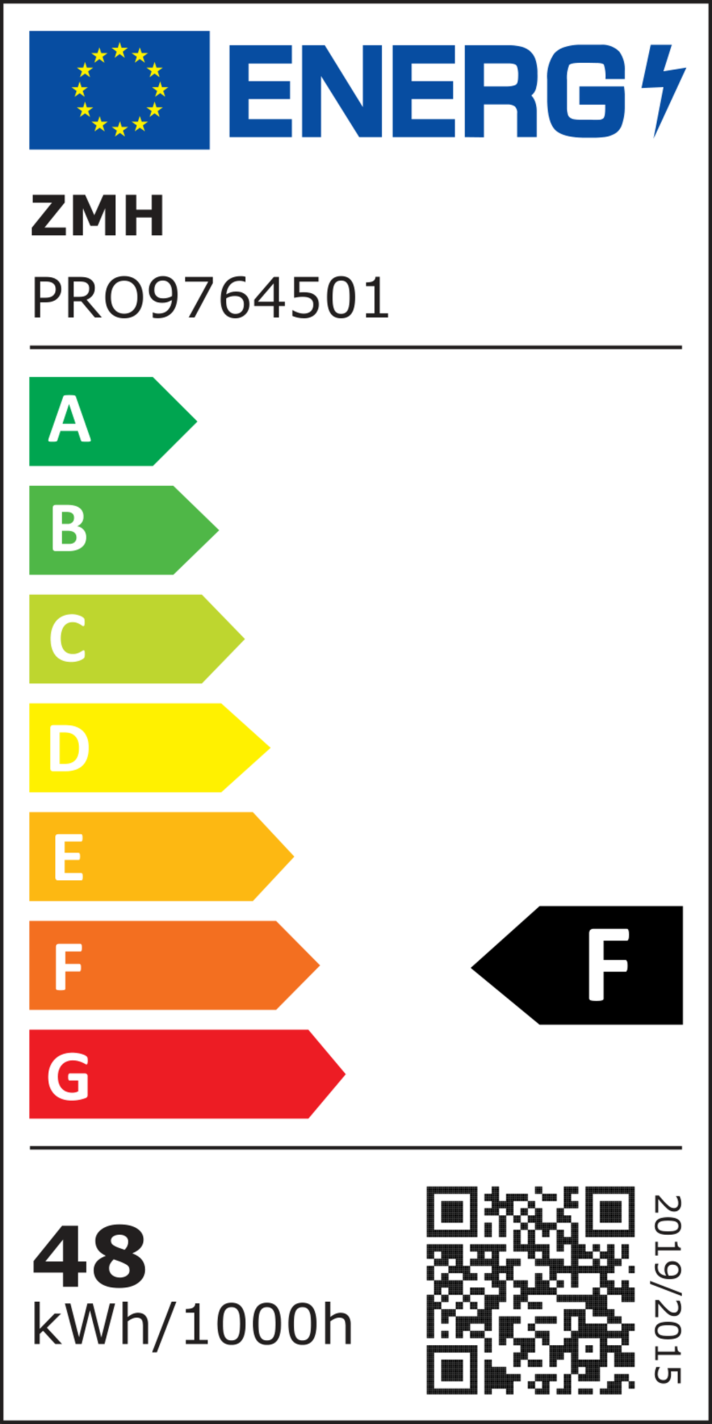 Energielabel mit EU-Flagge, Marken- und Modelldetails, Energieeffizienzklassen A bis G und QR-Code.
