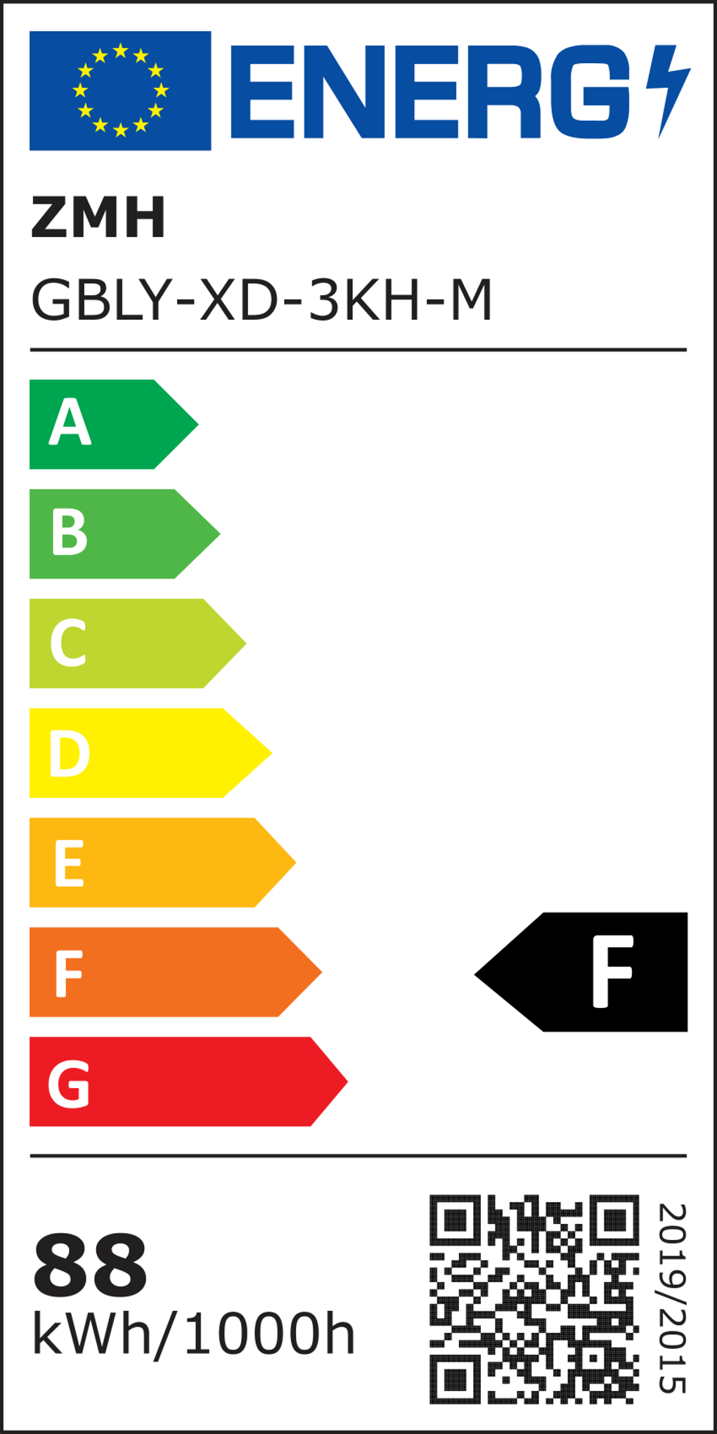 Energielabel mit A- bis G-Bewertung. Das Etikett hat Marke, Modell, Energieeffizienzklasse F, 88 kWh/1000h und einen QR-Code.