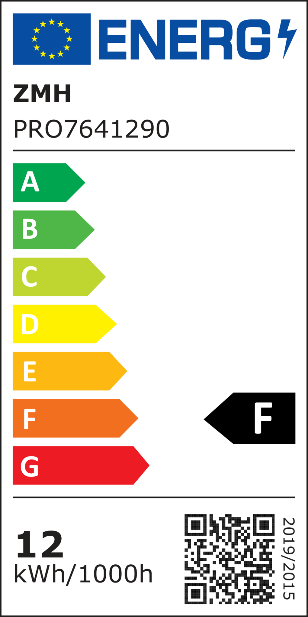 Energielabel mit der Energieeffizienzklasse 'F'. Enthält einen QR-Code und Angaben zum Energieverbrauch.