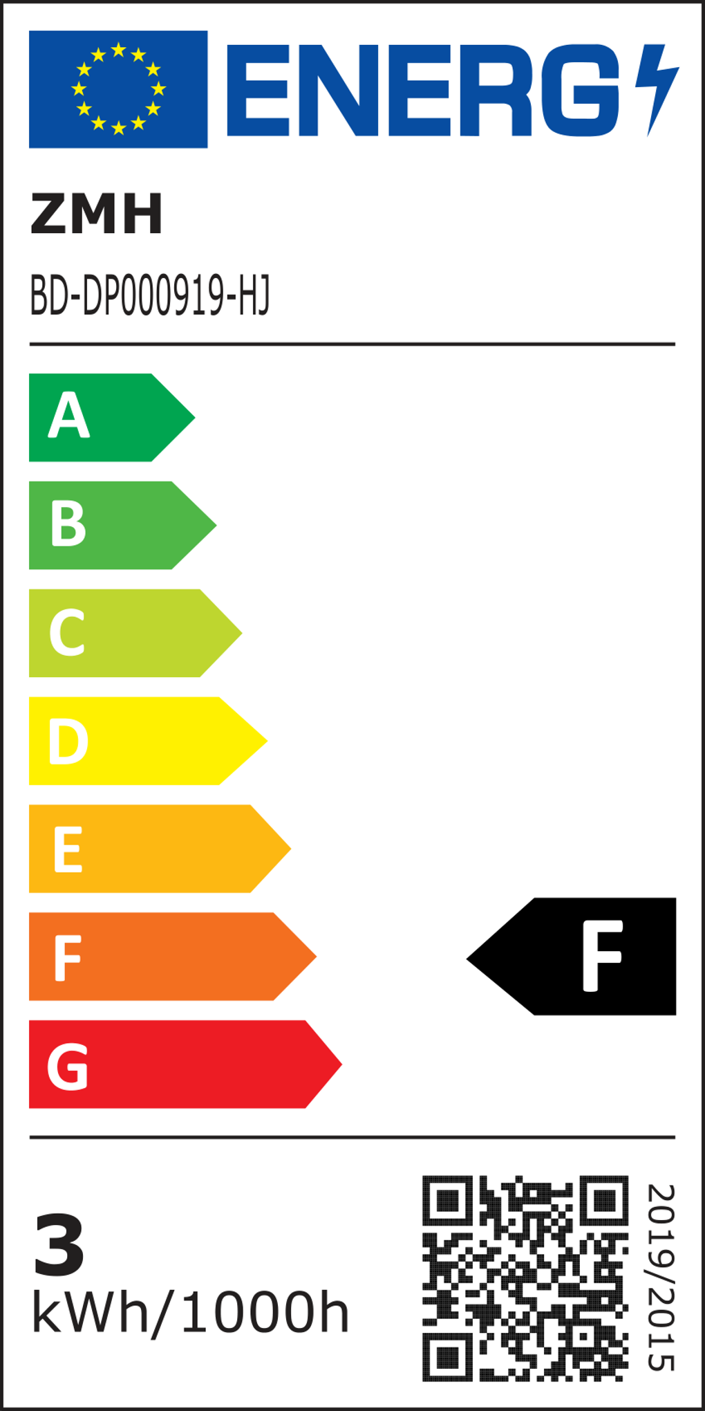 Energielabel mit A bis G Bewertungen. Das Produkt ist mit F bewertet. Es hat das EU-Logo, den Text ENERG und ZMH BD-DP000919-HJ.