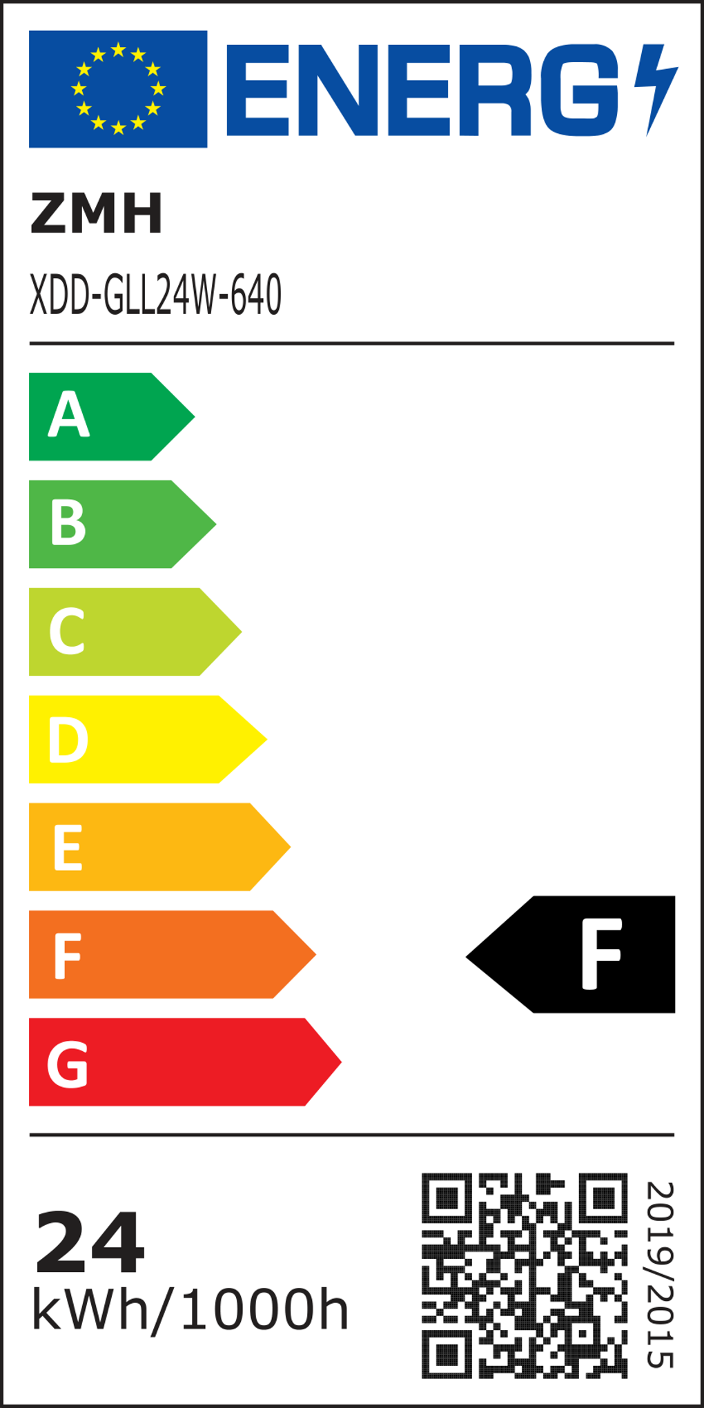 Energielabel mit Energieeffizienz einer Glühbirne. Es zeigt eine EU-Flagge, das Wort ENERG und die Noten A bis G, mit der Note F.