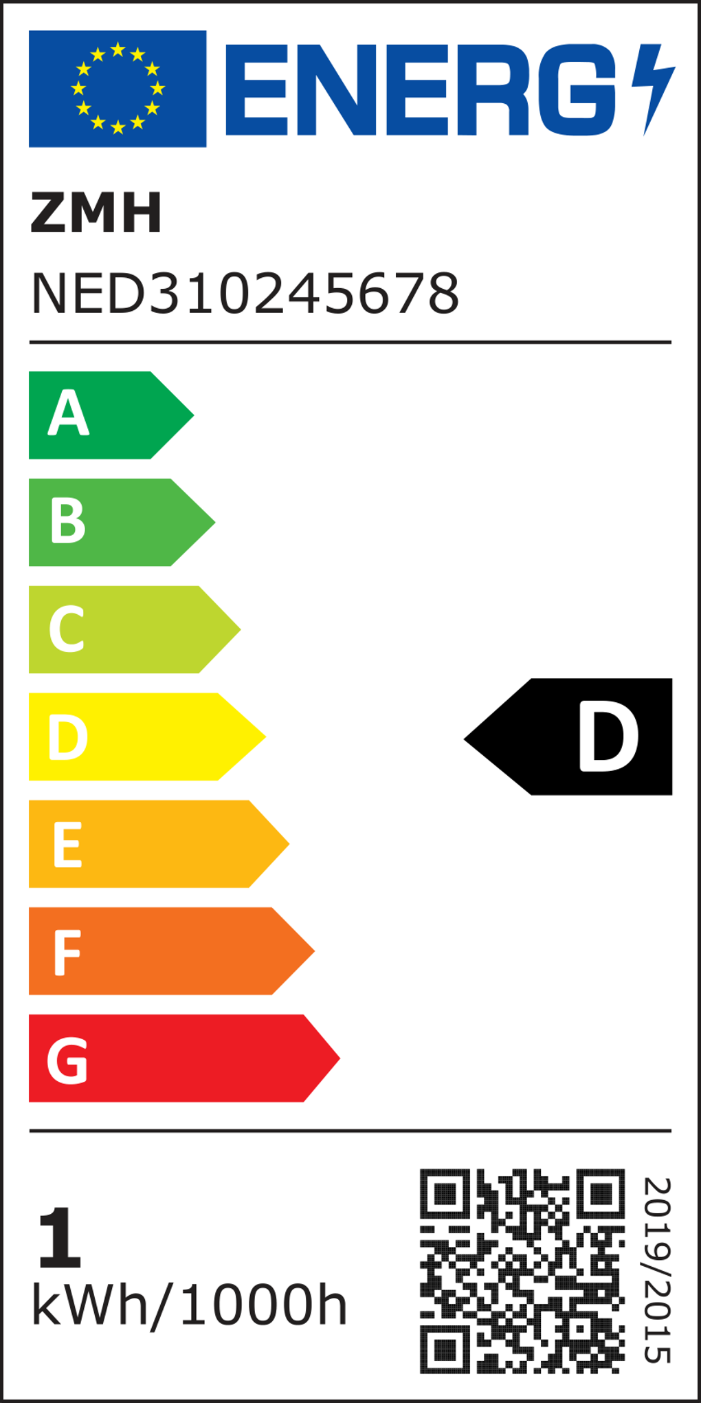 Energielabel mit Energieeffizienzbewertung, einschließlich A- bis G-Skala. Es zeigt auch das Markenlogo und einen QR-Code.