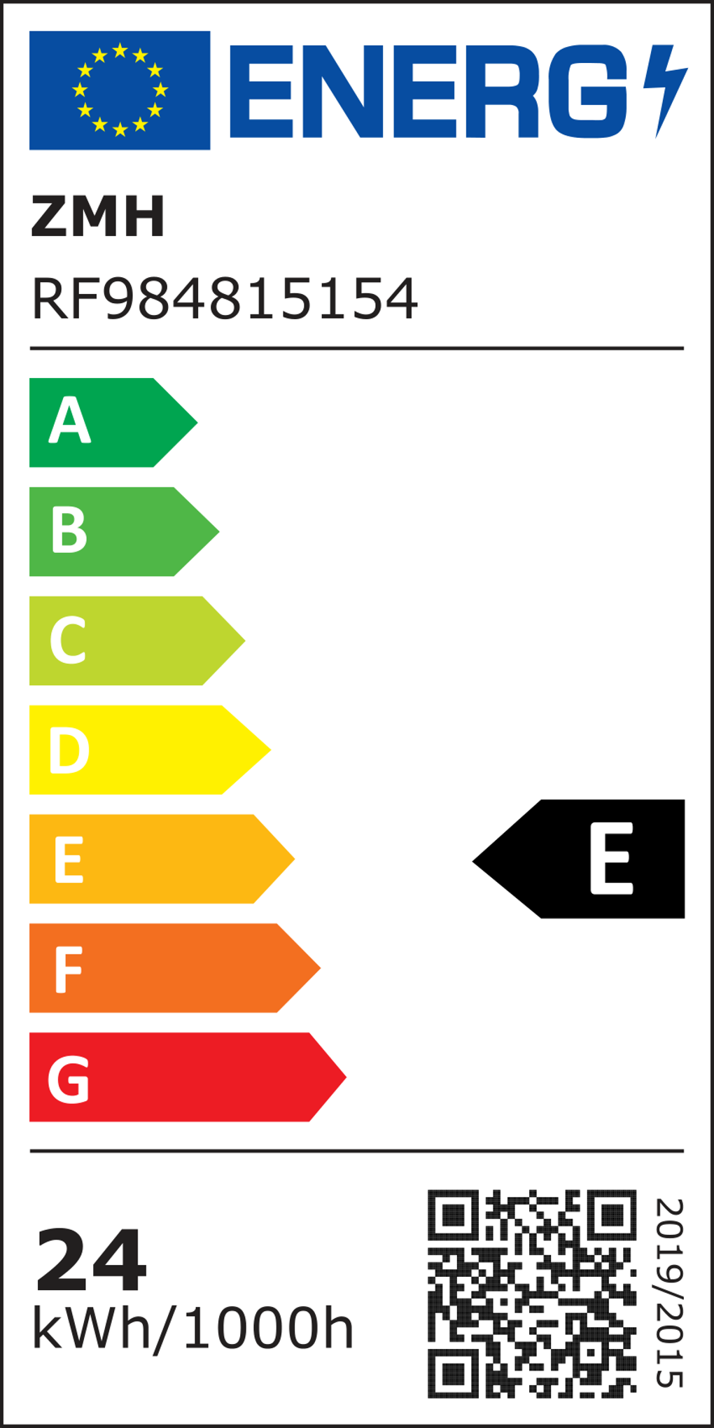 Energielabel mit Effizienzklassen A bis G. Das Produkt ist mit E bewertet. Enthält einen QR-Code und Energieverbrauch in kWh.