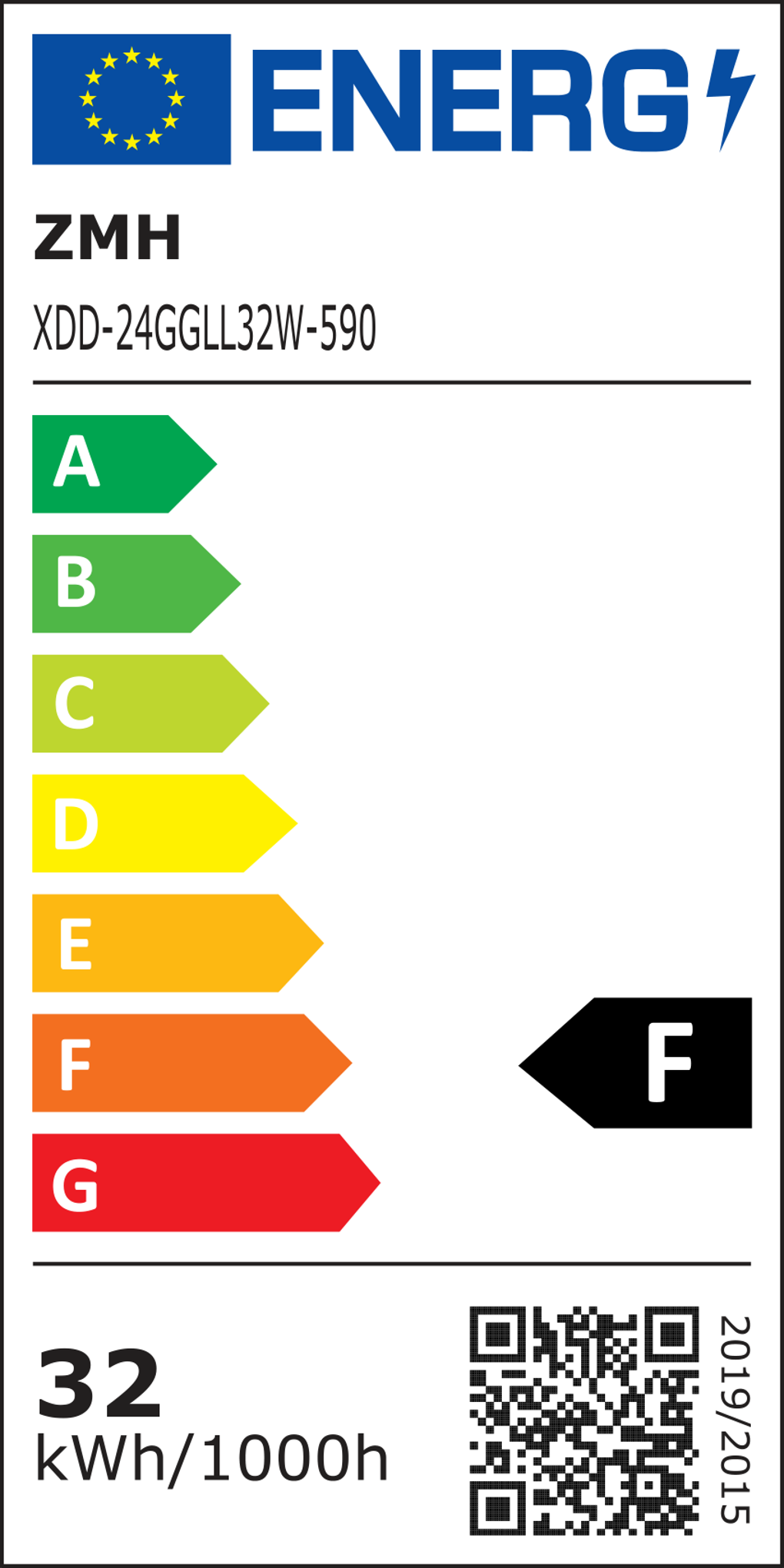 Energielabel mit EU-Flagge, Markenname und Energieeffizienzklassen A bis G, mit schwarzer F-Bewertung.