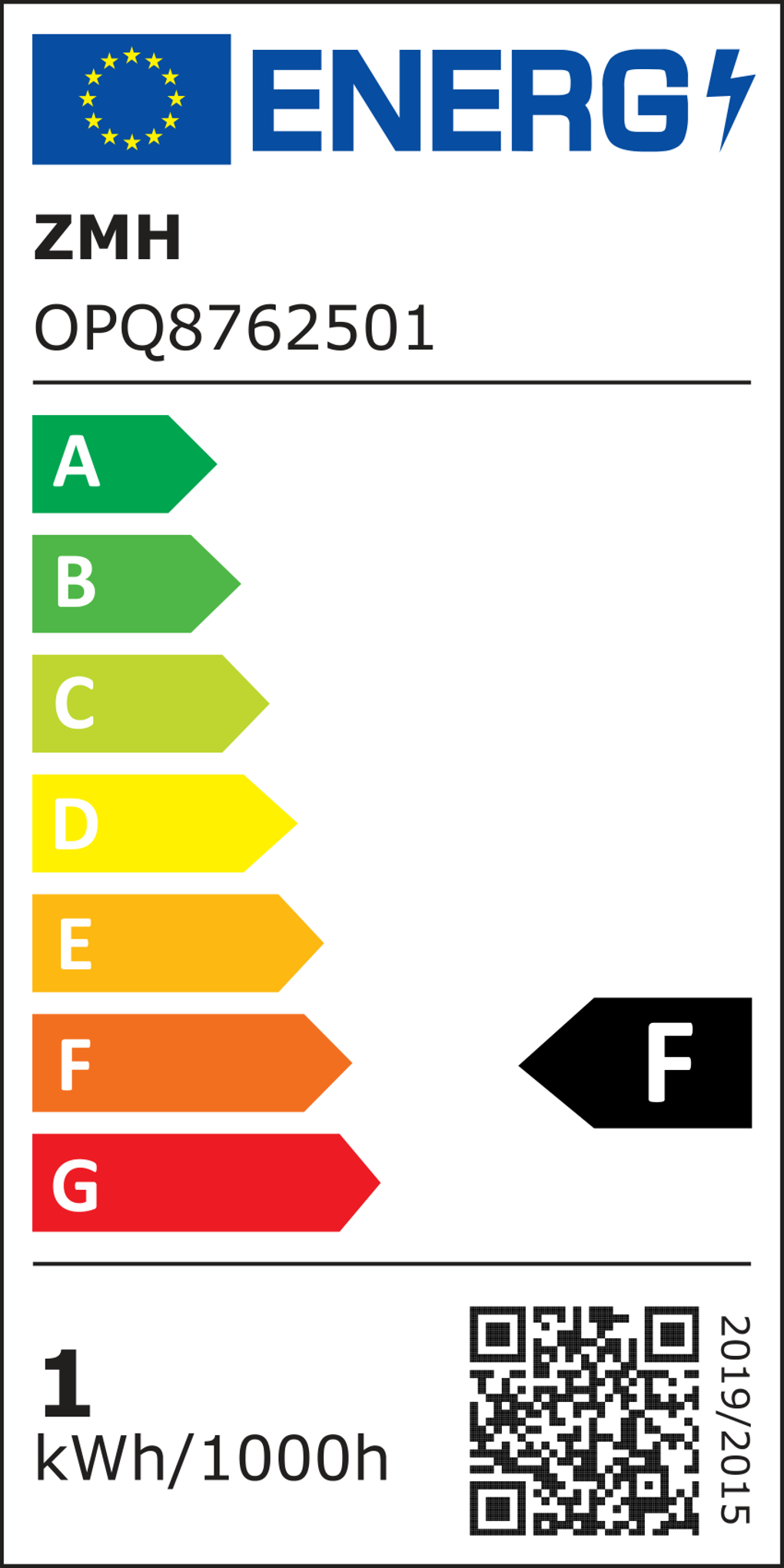 Energielabel mit EU-Flagge, Markenname, Modellnummer und Energieeffizienzklassen A bis G. Es hat auch einen QR-Code.