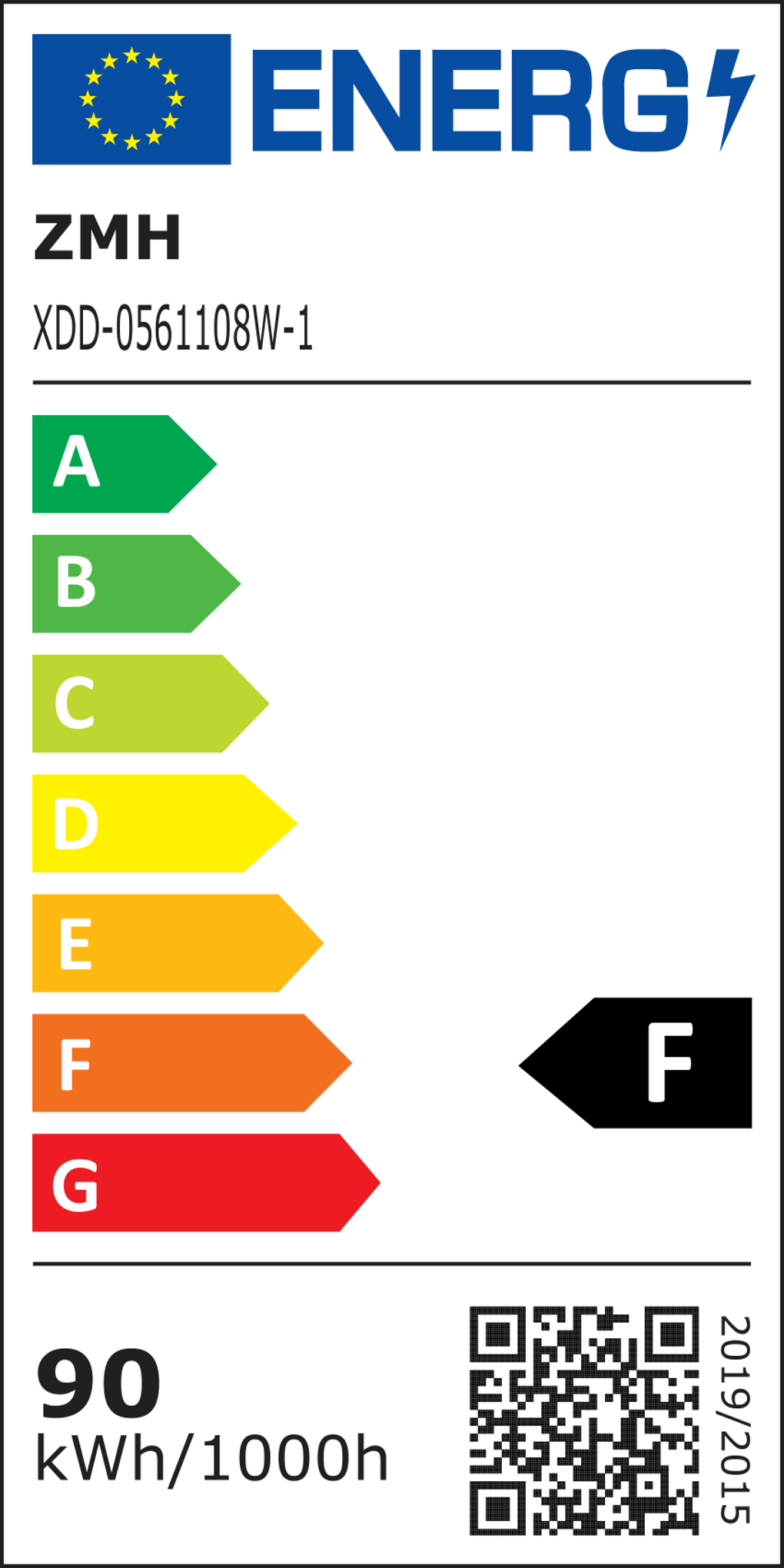 Energielabel mit Noten A bis G, zeigt 'F'. Enthält Informationen wie die Marke ZMH und den Energieverbrauch.