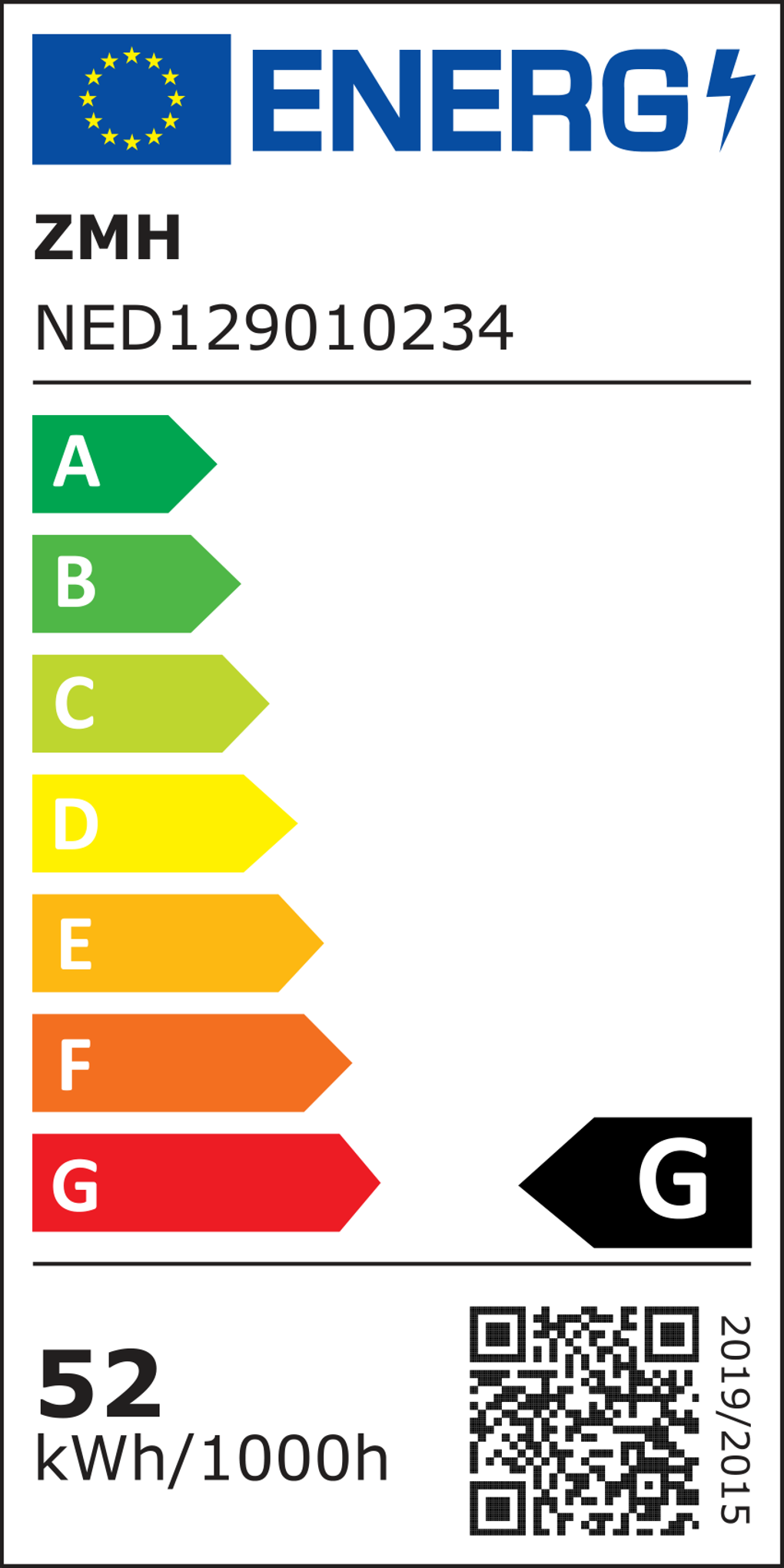Energielabel mit EU-Flagge, Markenname, Modellnummer und Energieeffizienzklassen A bis G. Zeigt 'G' für dieses Produkt.