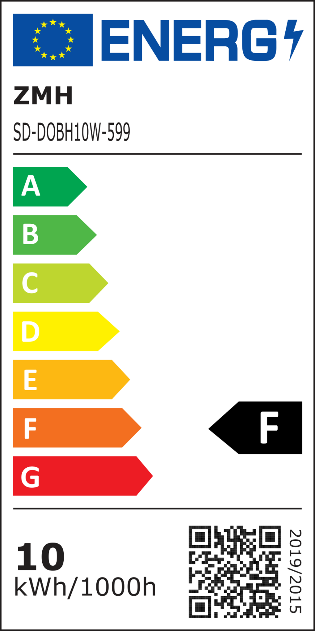 Energielabel mit EU-Logo. Zeigt Energieeffizienzklassen von A bis G, wobei die Klasse F hervorgehoben ist. Enthält einen QR-Code.