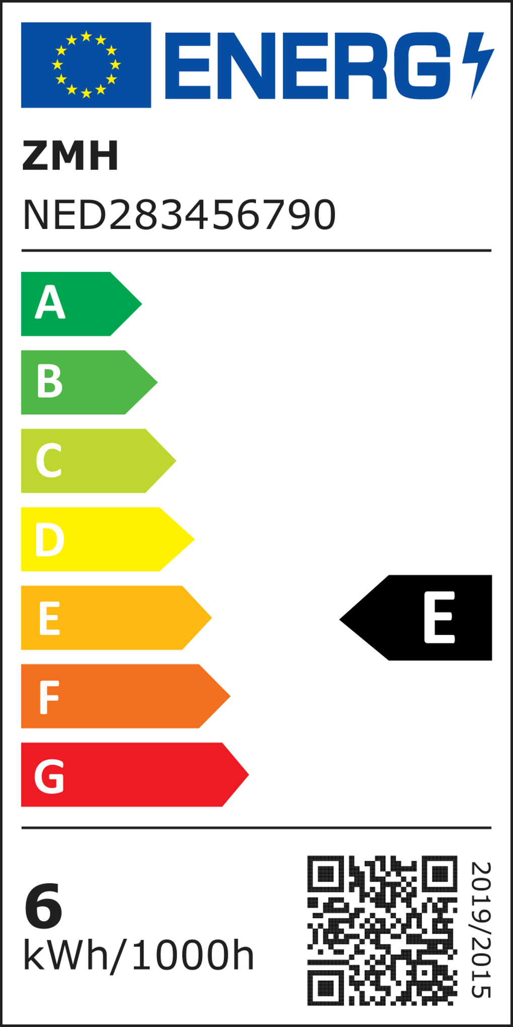 Energielabel mit Energieeffizienzklasse E, Pfeile von A bis G und QR-Code mit '6 kWh/1000h' und '2019/2015'.