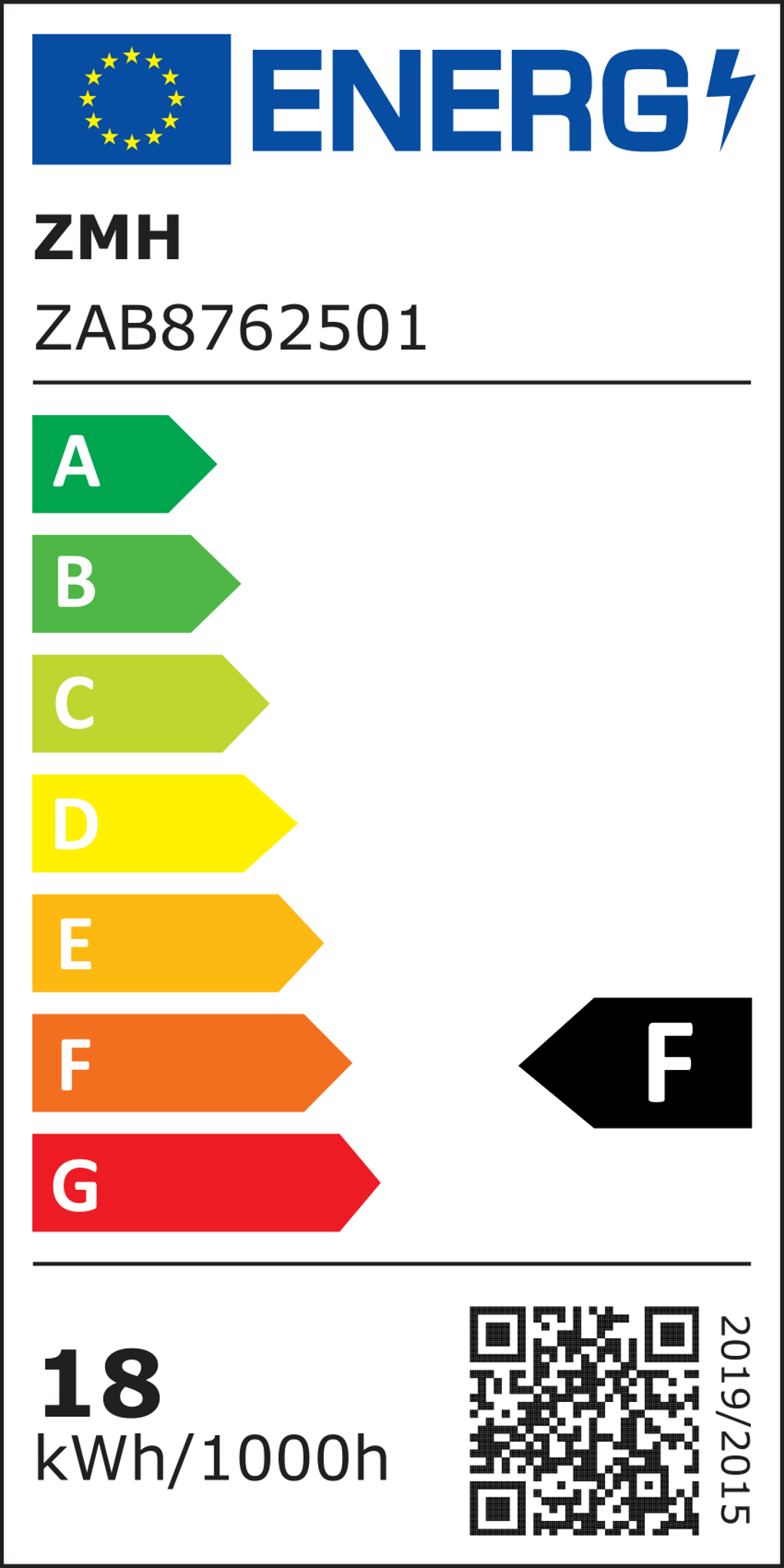 Energielabel mit EU-Logo, Bewertungen A bis G, ZMH, ZAB8762501 und kWh-Informationen.