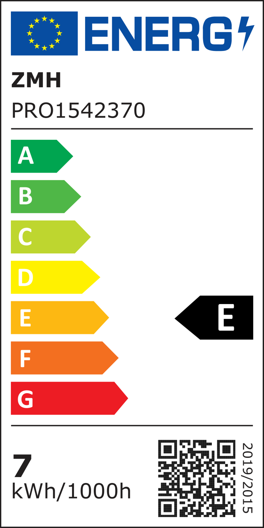 Energielabel mit Bewertungen von A bis G. Der Artikel hat die Bewertung E. Enthält einen QR-Code, 7 kWh/1000h und das Jahr 2019/2015.