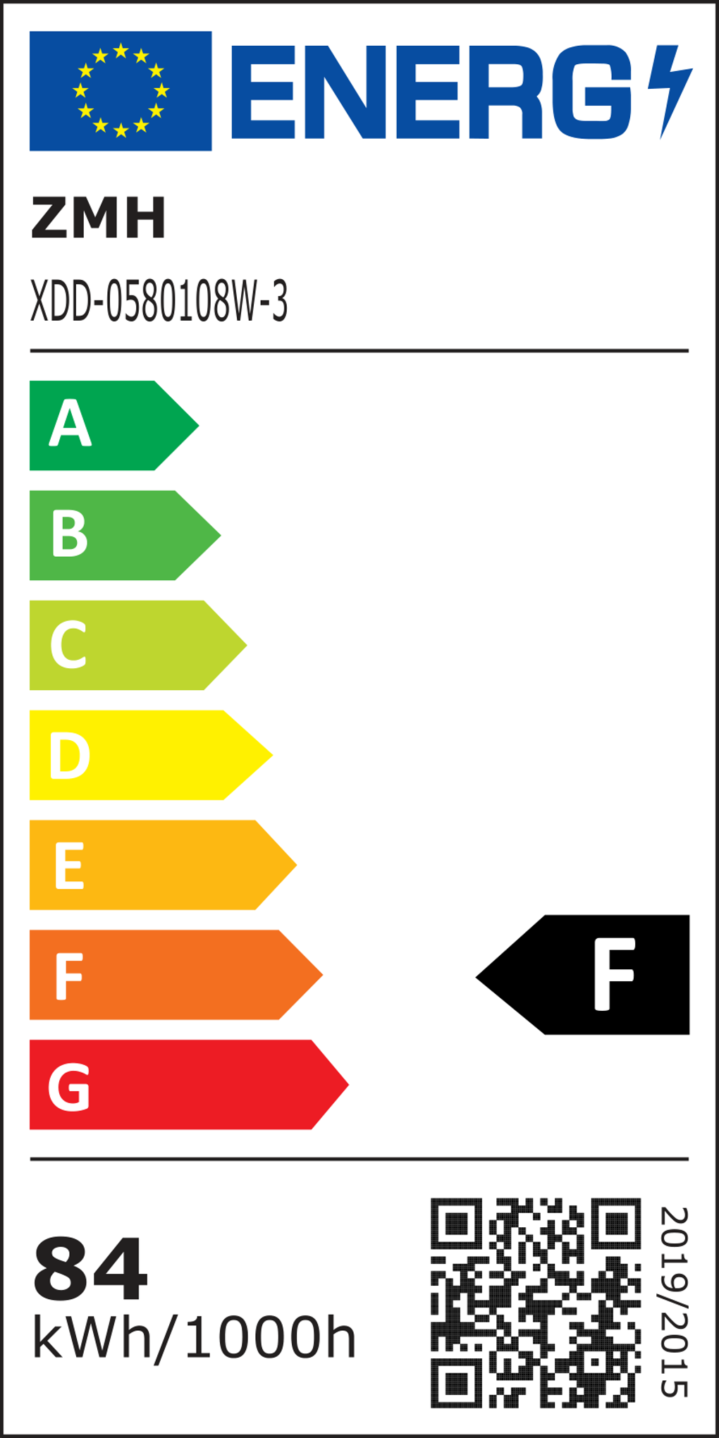 Energielabel mit Effizienzklassen A-G. Enthält einen QR-Code, 84 kWh/1000h und das Jahr 2019/2015.