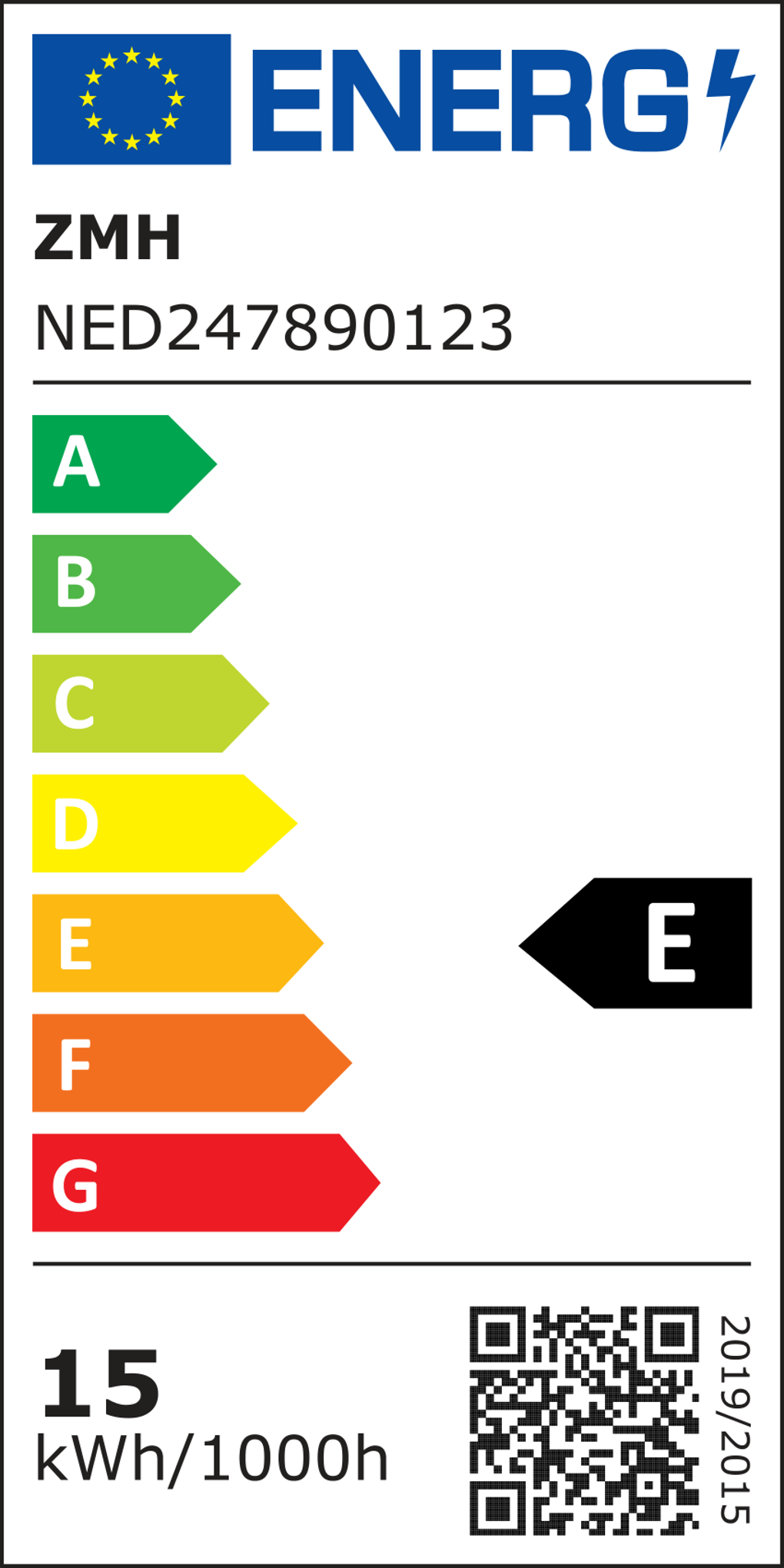 Energielabel mit EU-Logo, Bewertung von A bis G und E-Bewertung. Zeigt Produktinformationen und einen QR-Code.