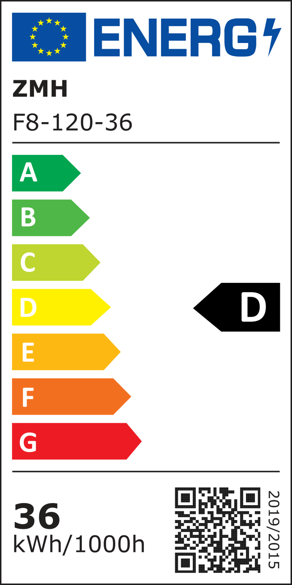 Energielabel mit EU-Flagge, Markenname, Modellnummer und Energieeffizienzklasse D. Zeigt kWh/1000h und einen QR-Code.