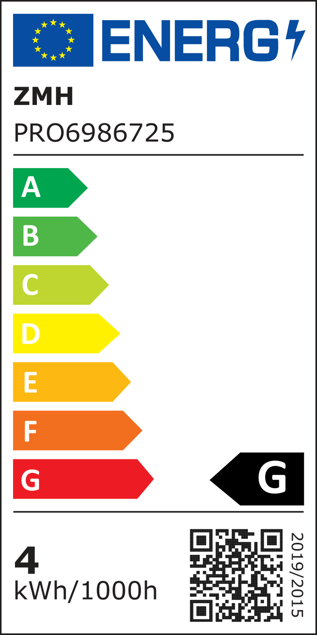 Energielabel mit EU-Flagge. Es zeigt Energieeffizienzklassen von A bis G und das Produkt ist mit G bewertet. Es gibt einen QR-Code.
