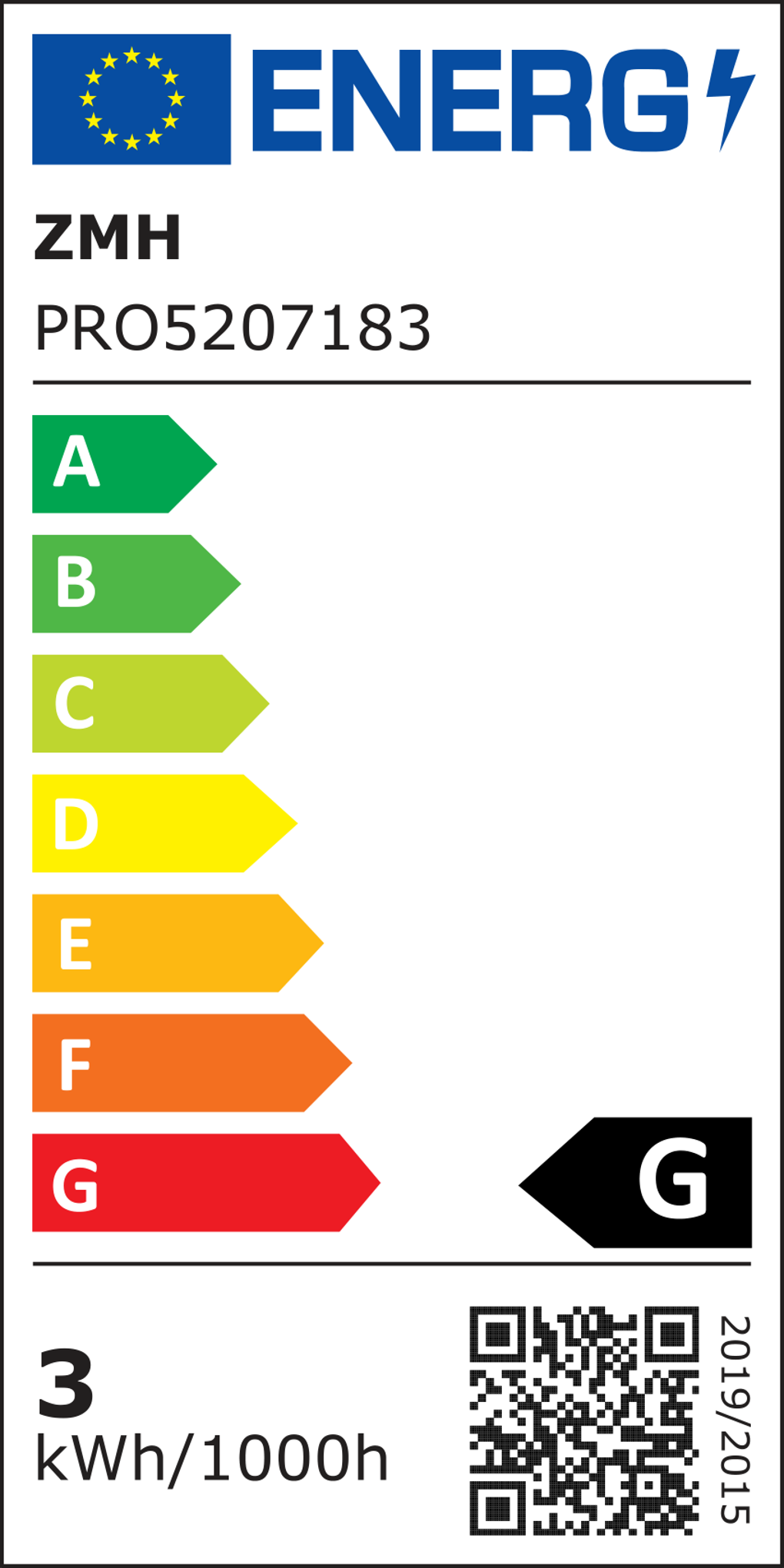 Energielabel mit EU-Flagge, Markenname, Modellnummer und Energieeffizienzklassen von A bis G. Das Produkt ist Klasse G.