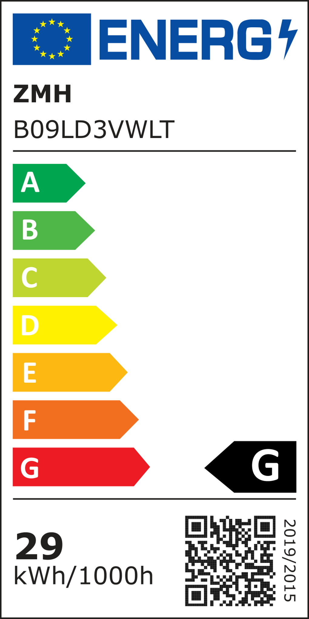 Energielabel mit Energieeffizienzklassen A bis G, Energieverbrauch, QR-Code und Flagge der Europäischen Union.