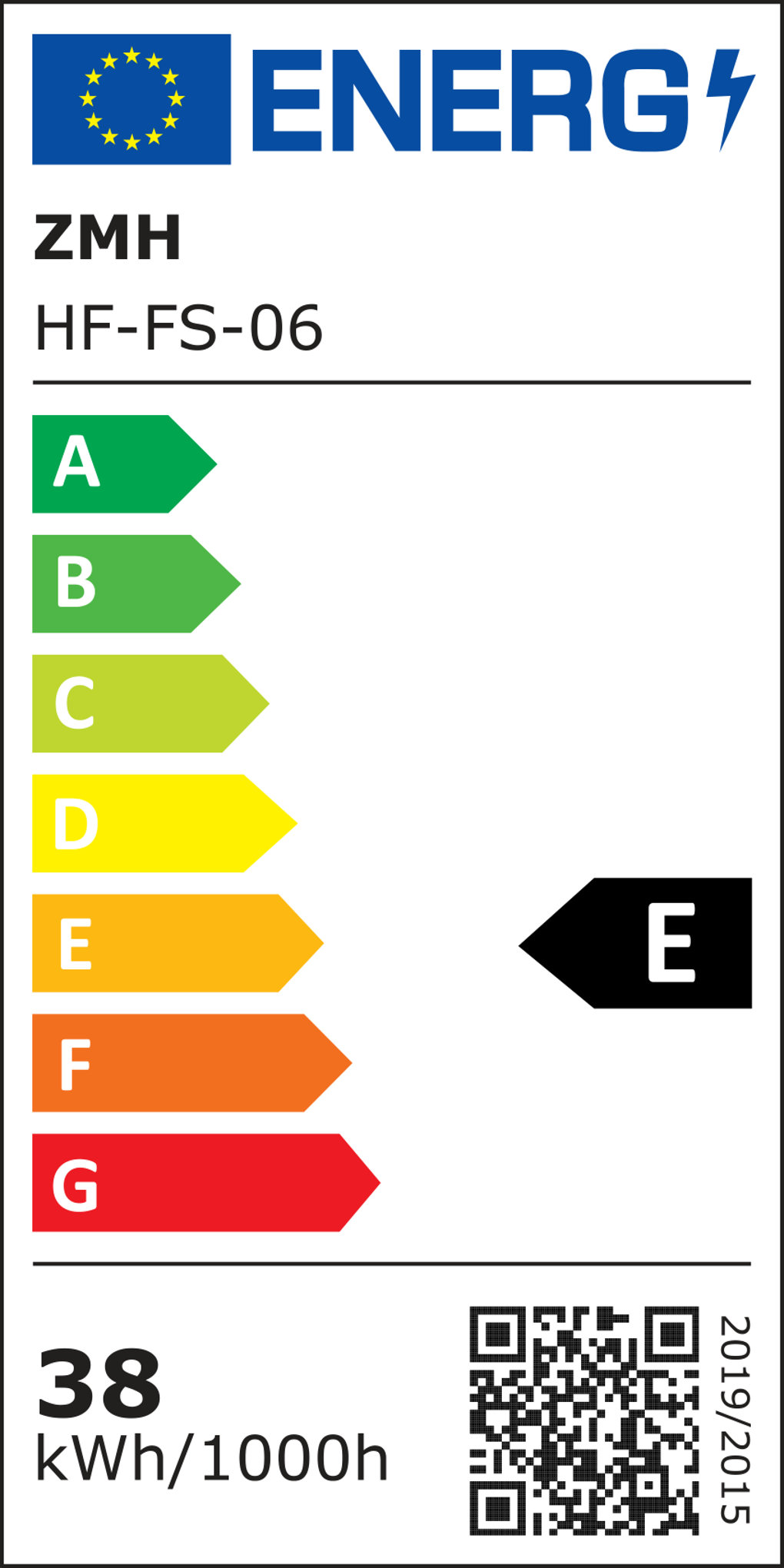 Energielabel mit Bewertungen von A bis G. Das Etikett hat das EU-Logo, das Wort ENERG und ein großes E, das die Energieeffizienz des Produkts anzeigt.